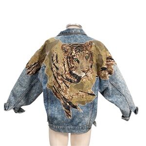 Vintage Roglins Beaded Tiger Denim Jacket Size Large